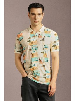 Louis Philippe - Men Beige Print Polo Neck T-Shirt