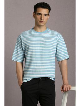 Louis Philippe - Men Light Blue Stripe Crew Neck T-Shirt