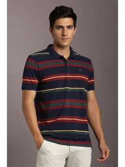 Louis Philippe - Men Navy Stripe Polo Neck T-Shirt