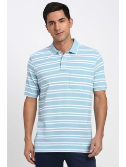 Peter England - Men Light Blue Stripe Polo Neck T-Shirt