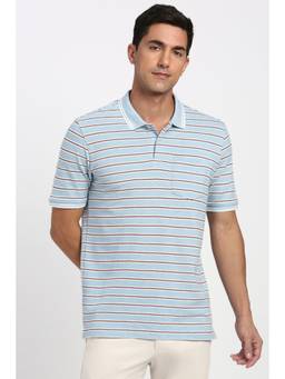 Peter England - Men Light Blue Stripe Polo Neck T-Shirt