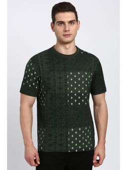 Peter England - Men Olive Print Round Crew Neck T-Shirt