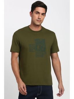 Peter England - Men Olive Printed Round Crew Neck T-Shirt