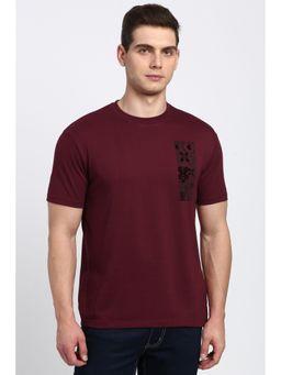 Peter England - Men Maroon Print Round Crew Neck T-Shirt