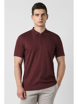 Van Heusen - Men Maroon Textured Polo Neck T-Shirt