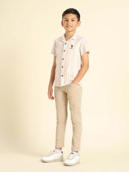 U.S. POLO ASSN. - Boys Vertical Striped Cuban Beige Shirt