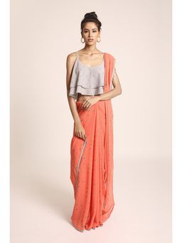 PS Pret by Payal Singhal - Orange Printed Art Crepe Two Layer Top with Pre Draped Saree