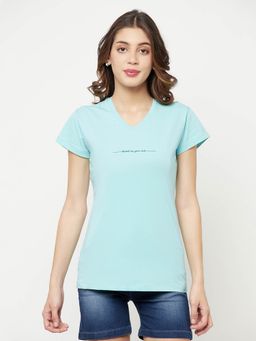 CRIMSOUNE CLUB - Women Mint Green Solid V-Neck T-Shirt
