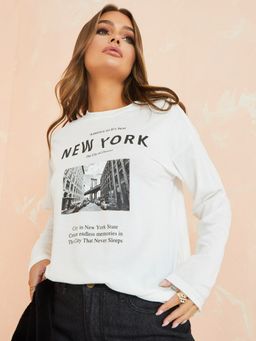 Styli - White Long Sleeves New York Print Oversized Longline T-Shirt