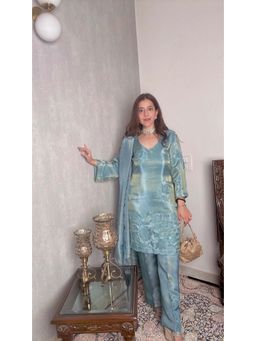 ALLUREARMOIRE - Blue Tissue Embroidered Kurta with Pant & Dupatta