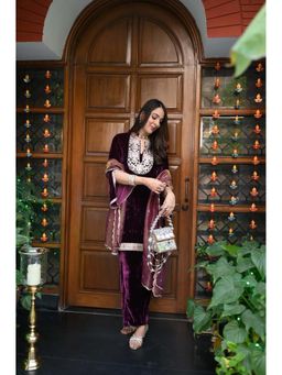 ALLUREARMOIRE - Purple Velvet Tissue Embroidered Kurta with Pant & Dupatta