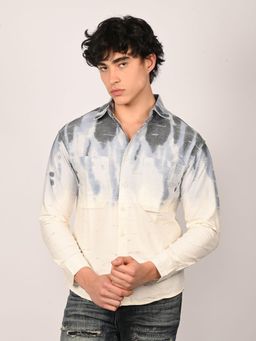 Odette - White and Blue Cotton Dobby Tie-Dye Shirts for Men