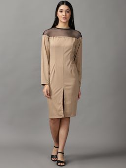 SHOWOFF - Womens Knee Length Bodycon Beige Solid Dress