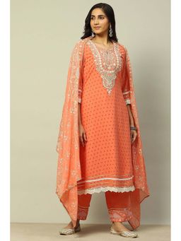 Rangriti - Women Coral Polyester Straight Kurta With Pant & Dupatta (Set of 3)