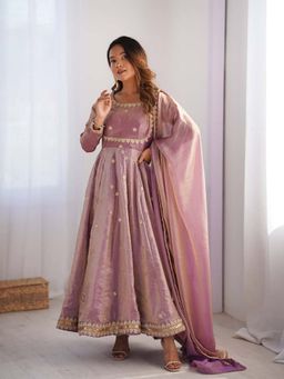 JATRIQQ - Purple Fandy With Sequence Work Anarkali Kurta & Pant with Dupatta (Set of 3)