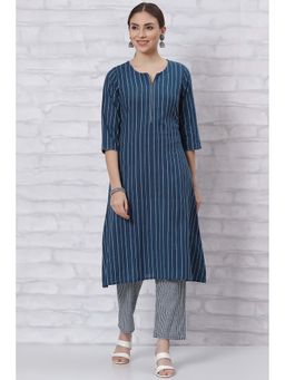 Rangriti - Women Blue Yarn dyed Straight Kurta With Pant (Set of 2)
