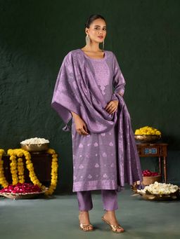 Shaily - Women Purple Silk Blend Woven Design Kurta With Pant & Woven Dupatta (Set of 3)
