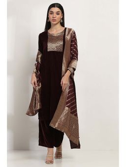Rangriti - Women Wine Poly Velvet Straight Solid kurta With Palazzo & Dupatta (Set of 3)