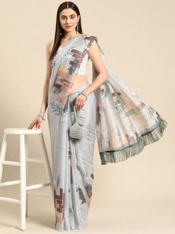 Silk Land - Soft Silk Digital Printed Saree with Unstitched Blouse With Fringe Tassels