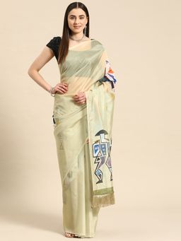 Silk Land - Soft Silk Digital Printed Saree with Unstitched Blouse With Fringe Tassels