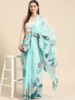 Silk Land - Soft Silk Digital Printed Saree with Unstitched Blouse With Fringe Tassels