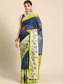 Silk Land - Kanjivaram Soft Silk Digital Printed Zari Woven Saree with Unstitched Blouse