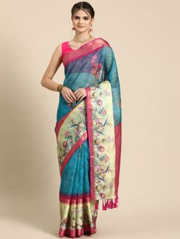 Silk Land - Kanjivaram Soft Silk Digital Printed Zari Woven Saree with Unstitched Blouse