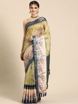 Silk Land - Kanjivaram Silk Floral Printed Zari Woven Saree with Unstitched Blouse With Tassels