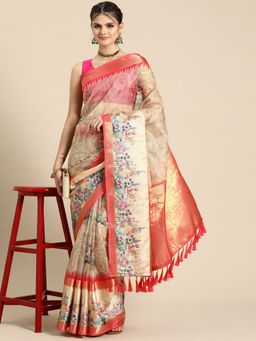 Silk Land - Kanjivaram Silk Floral Printed Zari Woven Saree with Unstitched Blouse With Tassels