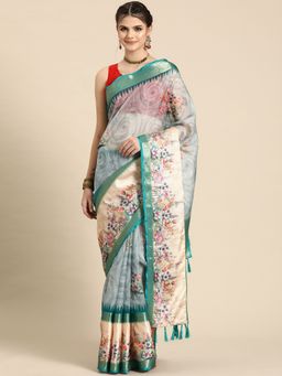 Silk Land - Kanjivaram Silk Floral Printed Zari Woven Saree with Unstitched Blouse With Tassels