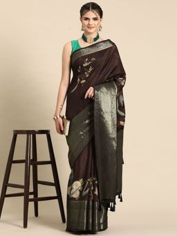 Silk Land - Kanchipuram Pattu Silk Floral Printed Zari Woven Border Saree with Unstitched Blouse
