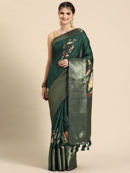 Silk Land - Kanchipuram Pattu Silk Floral Printed Zari Woven Border Saree with Unstitched Blouse