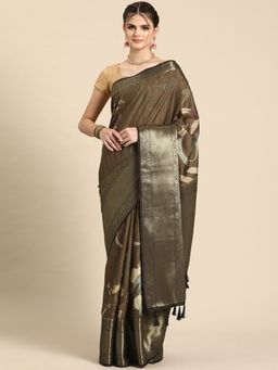 Silk Land - Kanchipuram Pattu Silk Floral Printed Zari Woven Border Saree with Unstitched Blouse