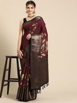 Silk Land - Kanchipuram Pattu Silk Floral Printed Zari Woven Border Saree with Unstitched Blouse