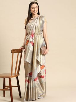 Silk Land - Banarasi Tissue Soft Silk Zari Woven Digital Printed Saree with Unstitched Blouse