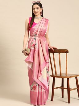 Silk Land - Banarasi Tissue Soft Silk Zari Woven Digital Printed Saree with Unstitched Blouse