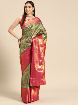 Silk Land - Royal Kanchipuram Pattu Multicolor Zari Thread Weaving Saree with Unstitched Blouse