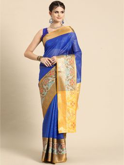 Silk Land - Banarasi Silk Ikkat Pattu Zari Woven Border Saree with Unstitched Blouse