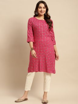 Rangita - Women Rayon Pink Printed Calf Length Straight Kurta