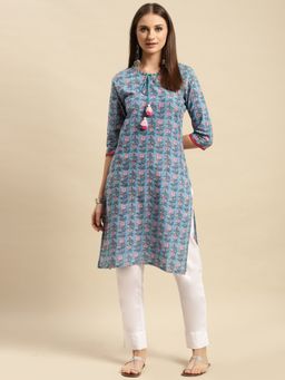 Rangita - Women Cotton Blue Floral Printed Knee Length Straight Kurta