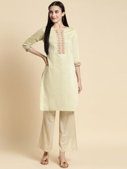 Rangita - Women Green Gold Printed Placket Knee Length Straight Kurta