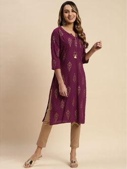 Rangita - Women Rayon All Over Gold Ethnic Printed Calf Length Straight Kurta