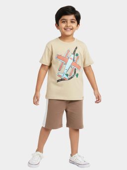 Orange Sugar - Unisex Kids Cream Plane Printed T-Shirts and Shorts