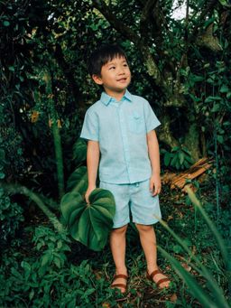Orange Sugar - Kids Unisex Linen Solid Sky Blue Shirt and Shorts