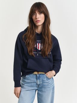 GANT - Women Blue Embroidered Relaxed Fit Stretchable Archive Shield Hoodie