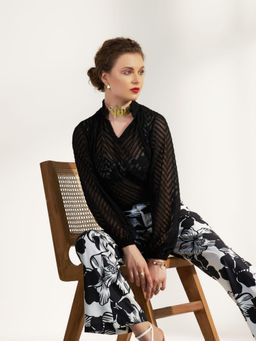 Taurus - Black Self- Design Dobby Top