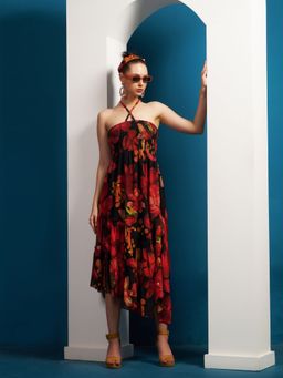 Taurus - Red Digital Printed Georgette Midi Dress