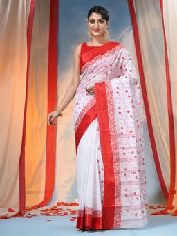 DESH BIDESH - Red Women's Traditional Bengal Agomoni Embroidery Saree without Blouse