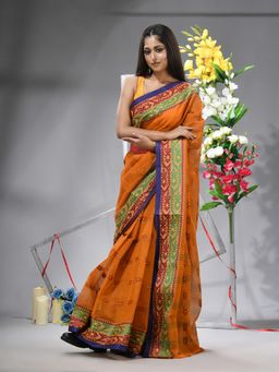 DESH BIDESH - Orange Women's Tant Pure Saree Mina Zari Karat without Blouse