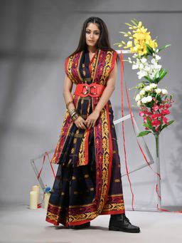 DESH BIDESH - Blue Women's Tant Pure Saree Woven Bi-Color Mina Zari Karat without Blouse